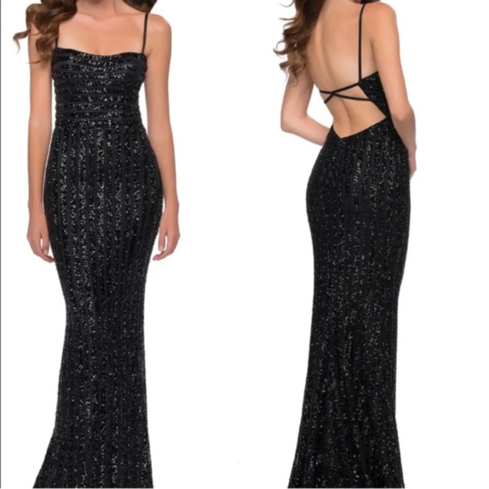 LA FEMME 29713 Stripe Pattern Sequin Evening Gown